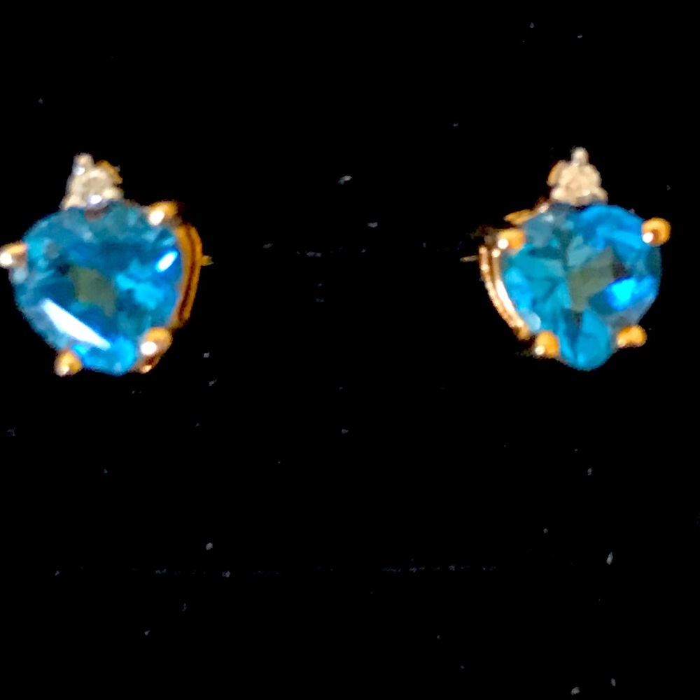 14K Gold Blue Topaz & Diamond Heart Earrings